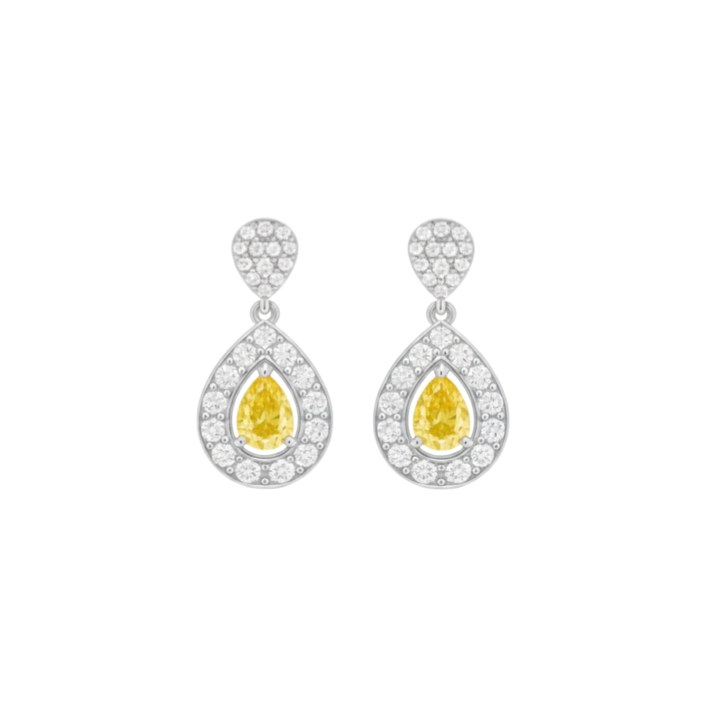 Pair of earrings with yellow gemstones and diamond accents on a white background