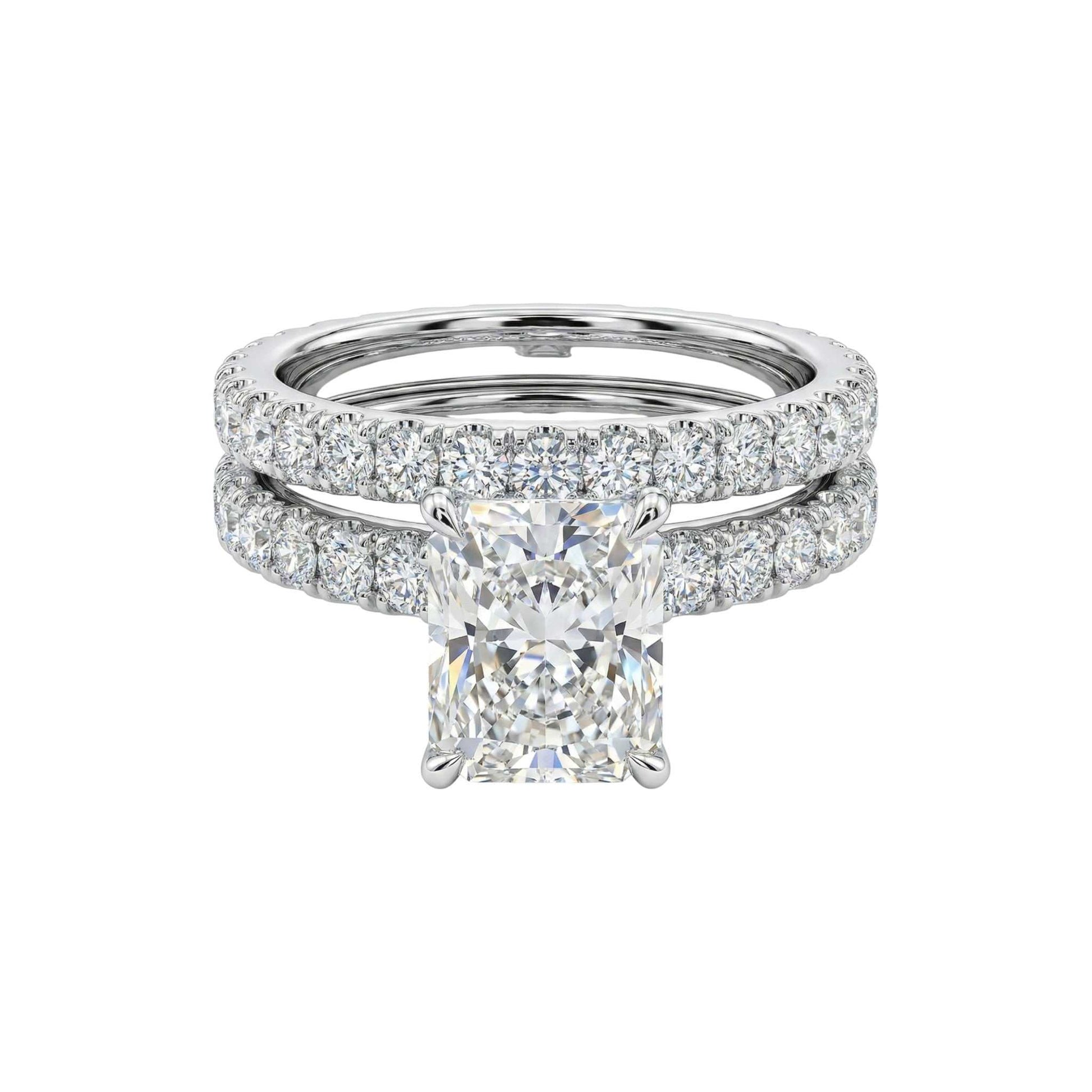 Wendy Radiant Cut Moissanite bride set with 18KT gold band and sparkling radiant cut center stone