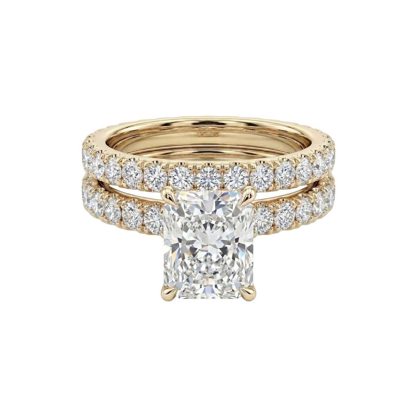 Gold ring with a large diamond and smaller diamonds on a white background