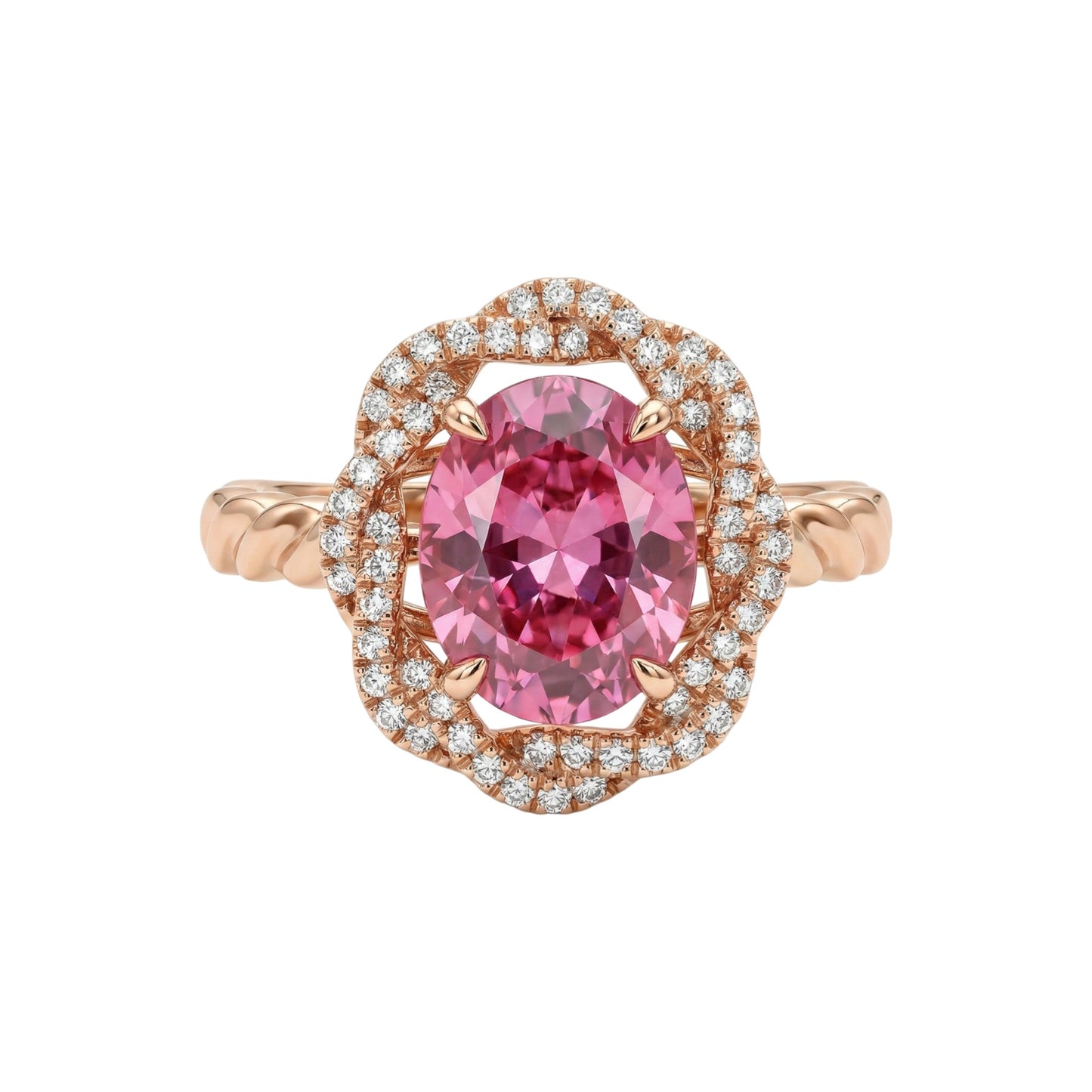 Rose gold ring with a pink gemstone and diamond accents on a white background