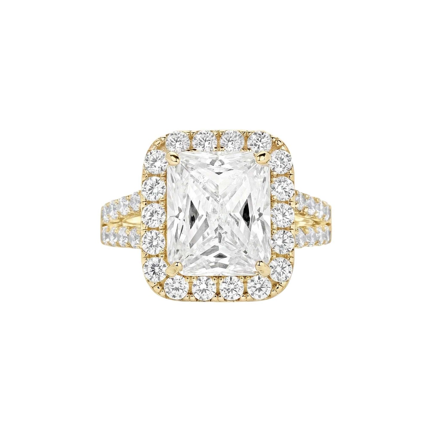 Zoe Radiant Cut CZ engagement ring with radiant cubic zirconia, halo setting, and split pavé 18KT gold band