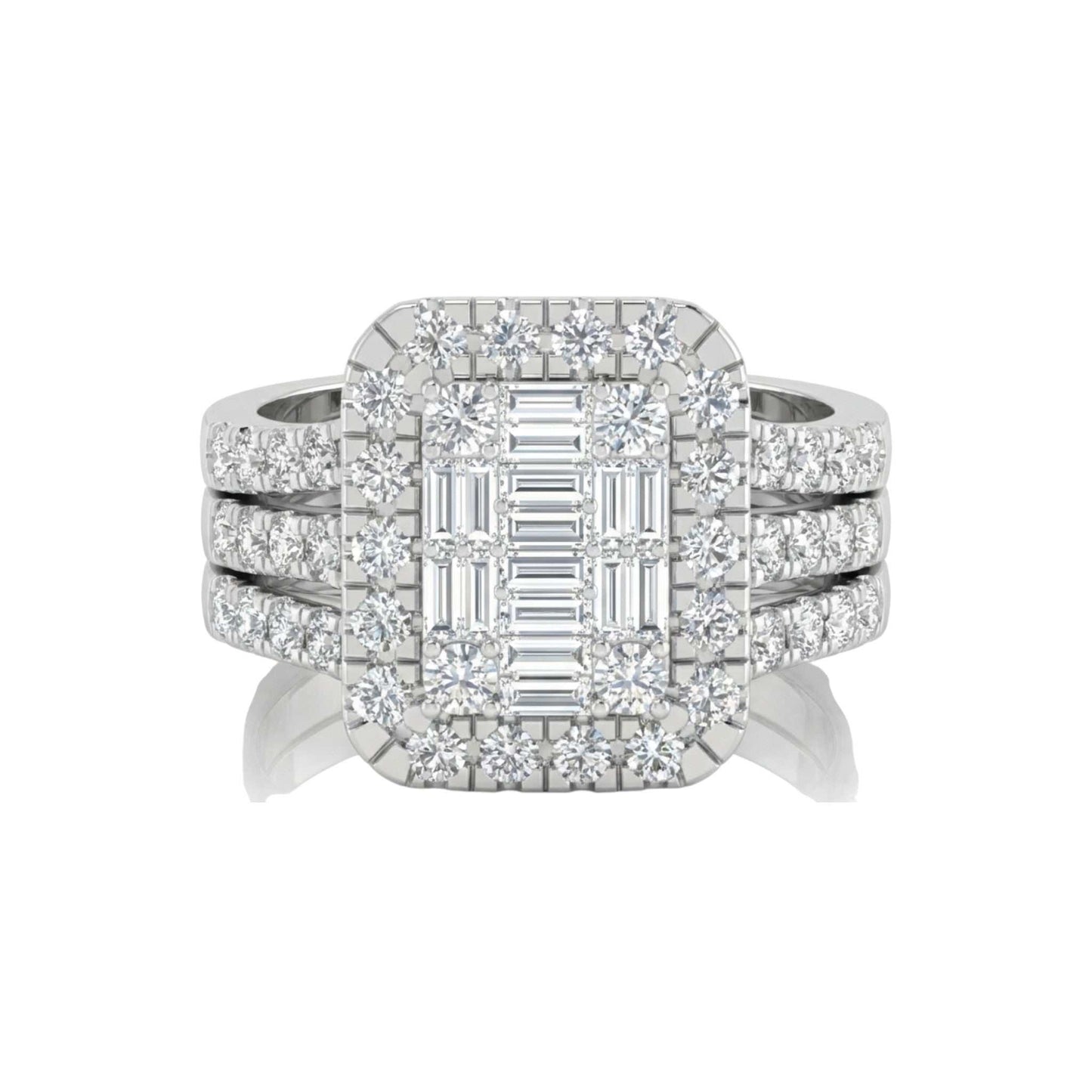 Zoe Radiant Cut diamond bride set with radiant-cut centerpiece and diamond-encrusted split shank in 18KT gold