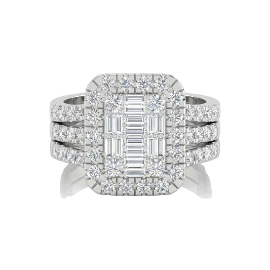Diamond ring with a central emerald-cut stone and smaller diamonds on a white background