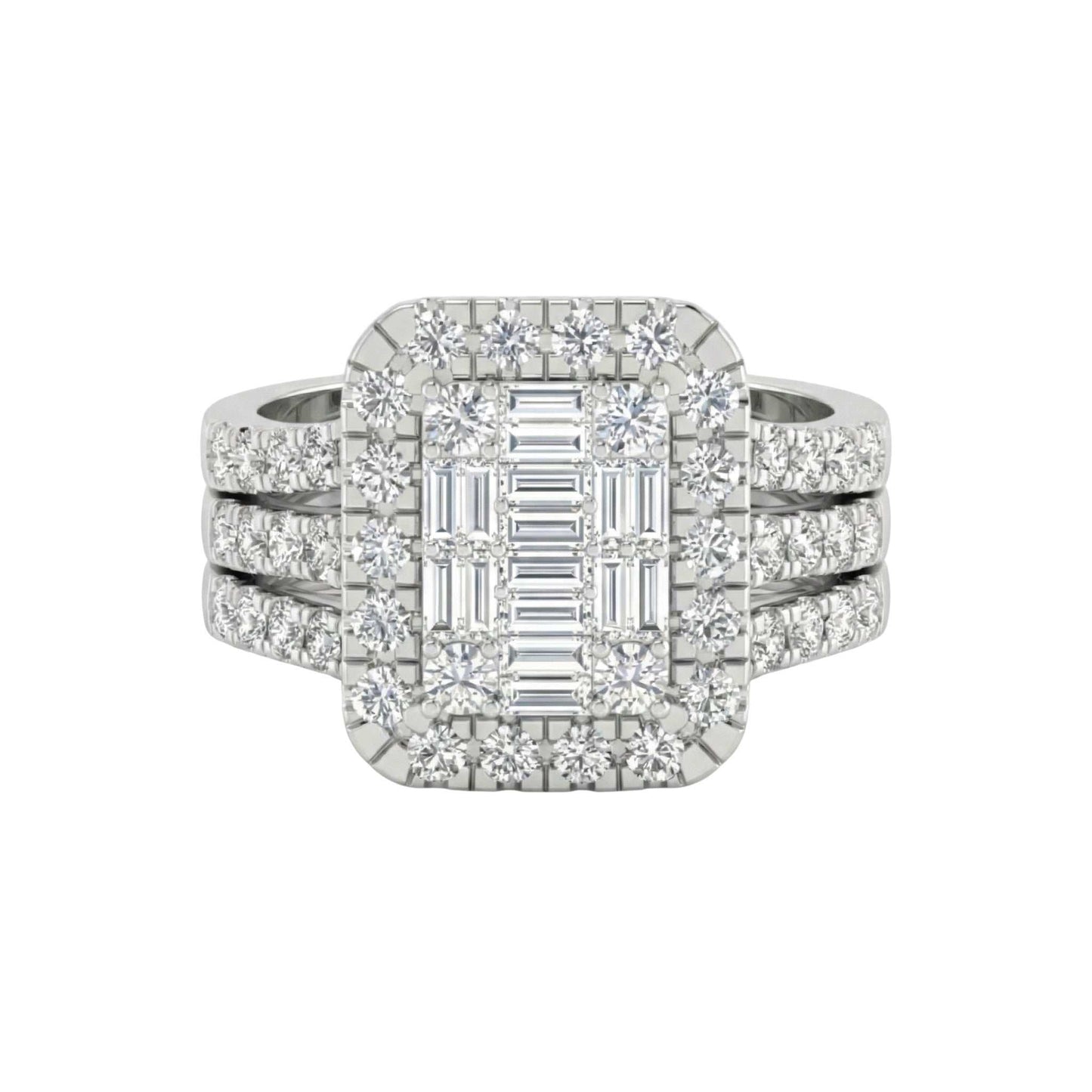Diamond ring with a central emerald-cut stone and smaller diamonds on a white background