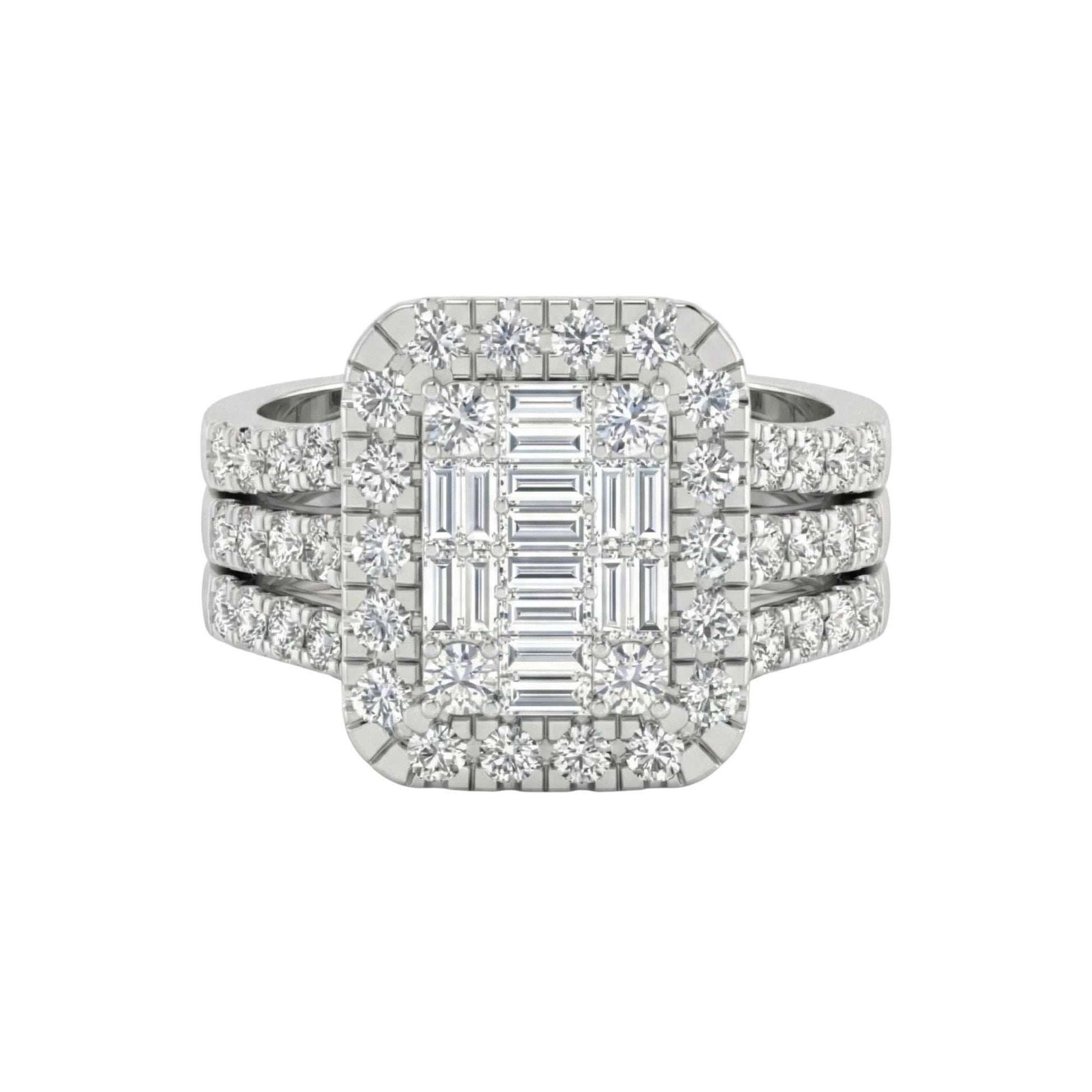 Diamond ring with a central emerald-cut stone and smaller diamonds on a white background