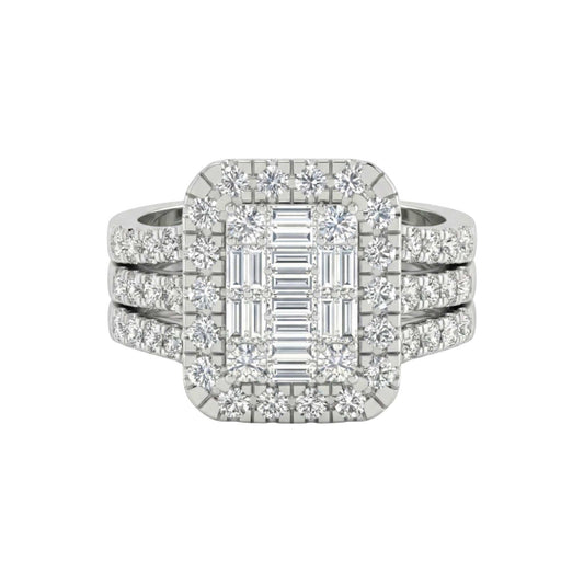 Diamond ring with a central emerald-cut stone and smaller diamonds on a white background
