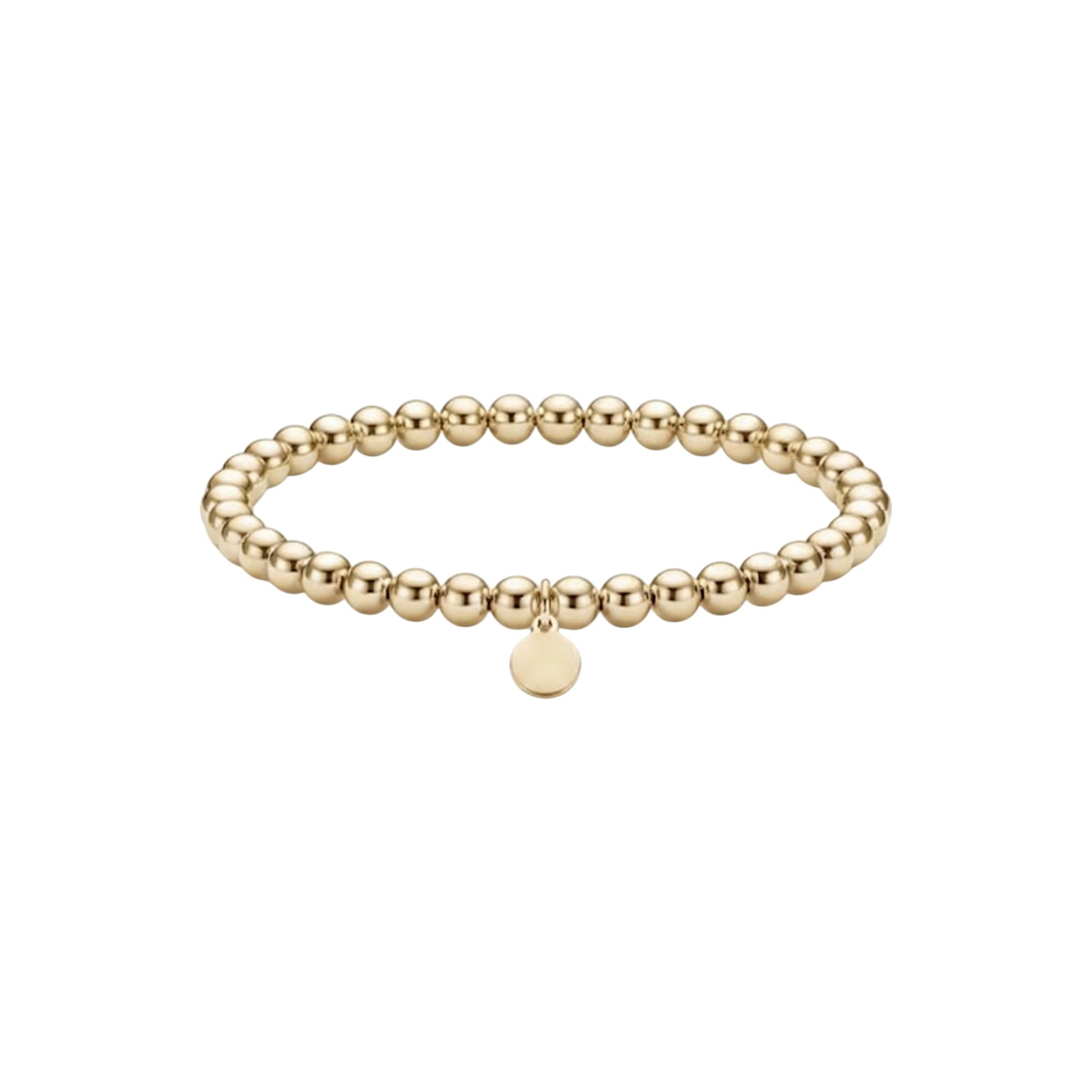 Gold beaded bracelet with a round tag on a white background
