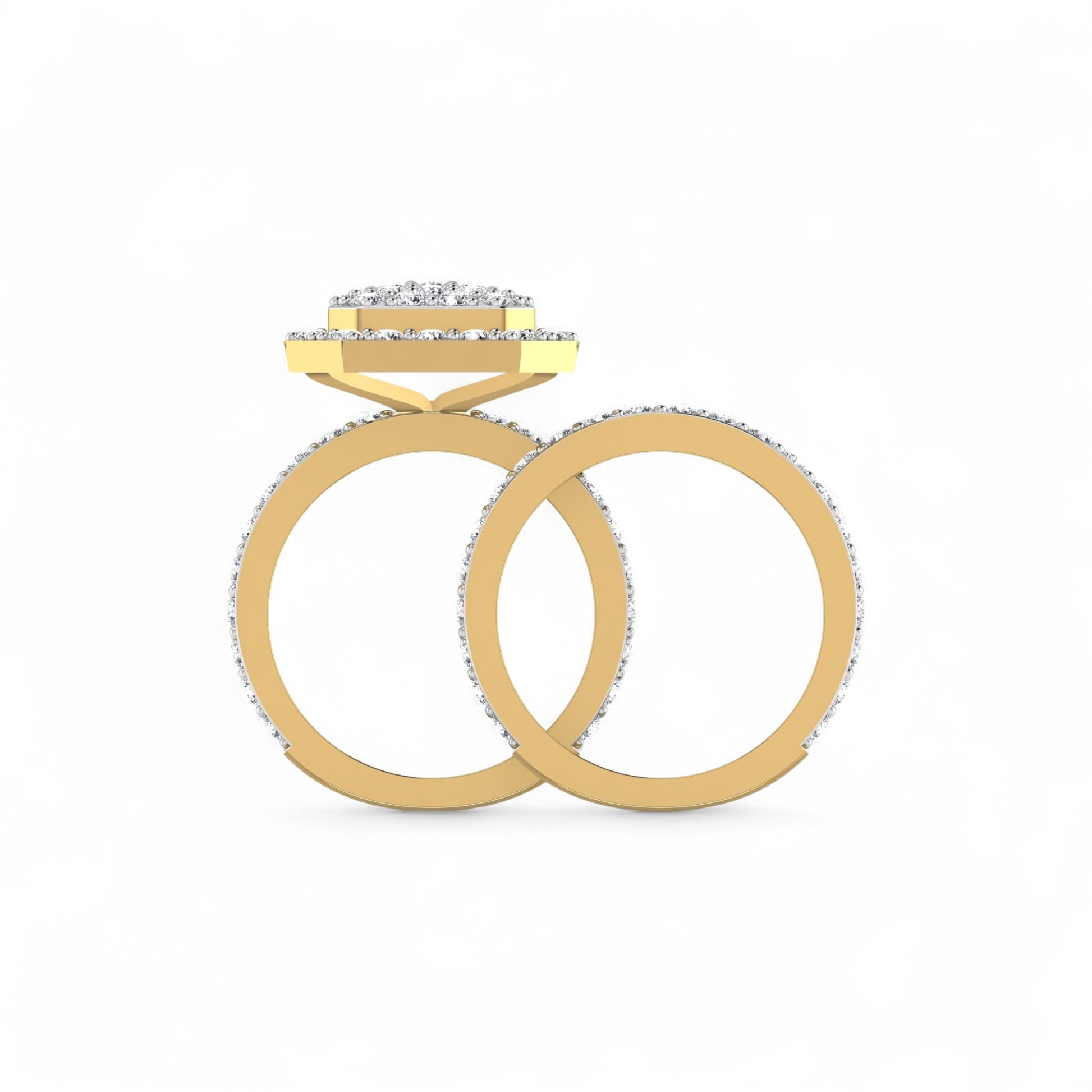 Gold ring with diamond accents on a white background