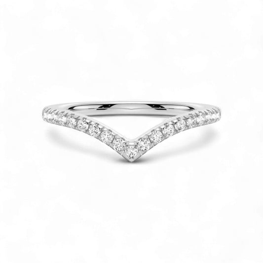 Silver ring with small diamonds on a white background