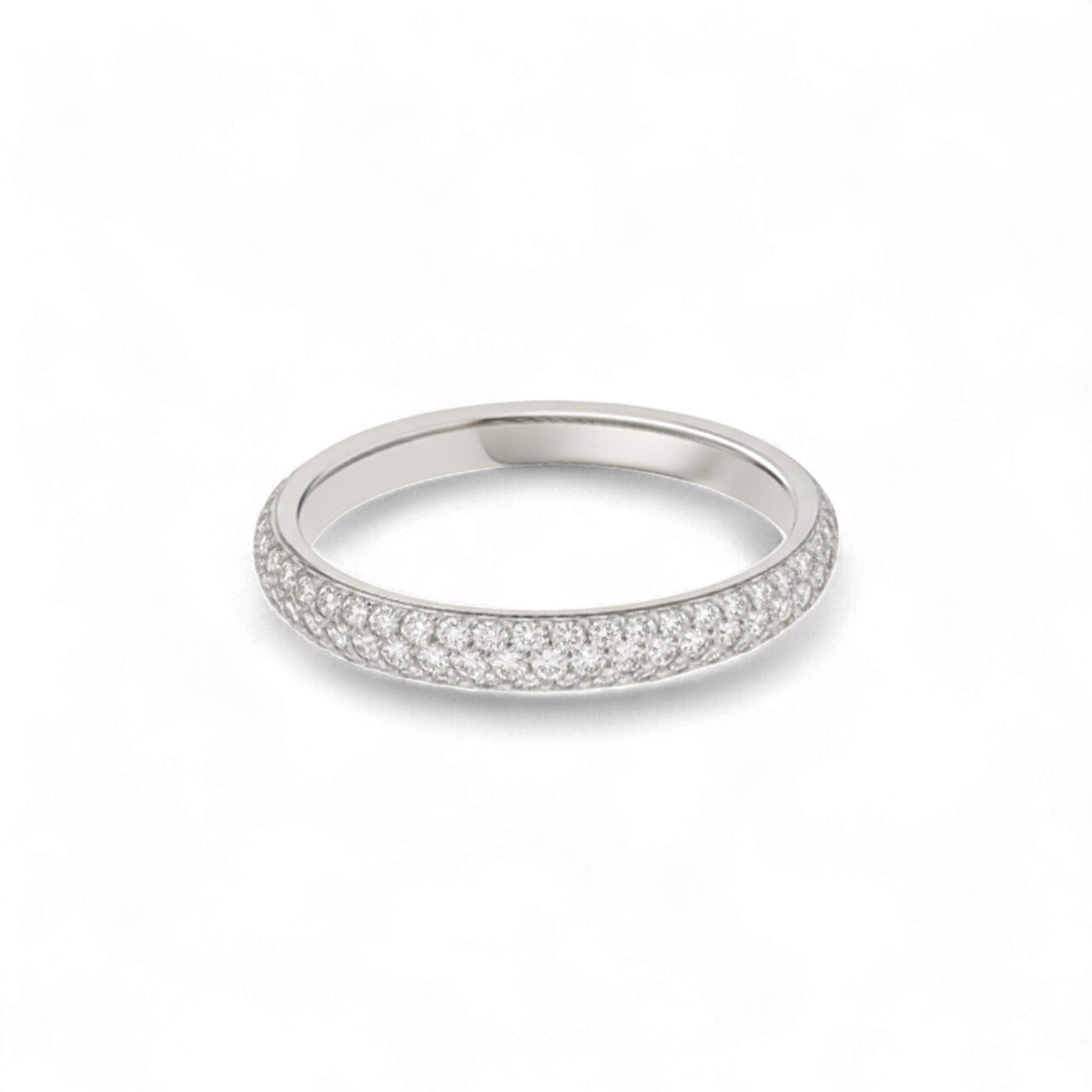 Silver ring with small diamonds on a white background