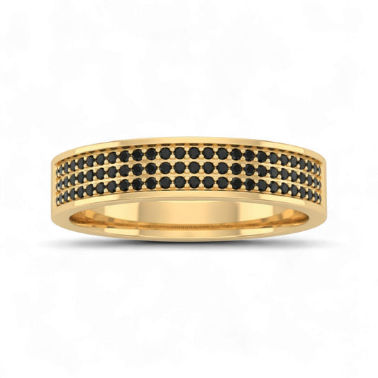 Gold ring with black gemstones on a white background