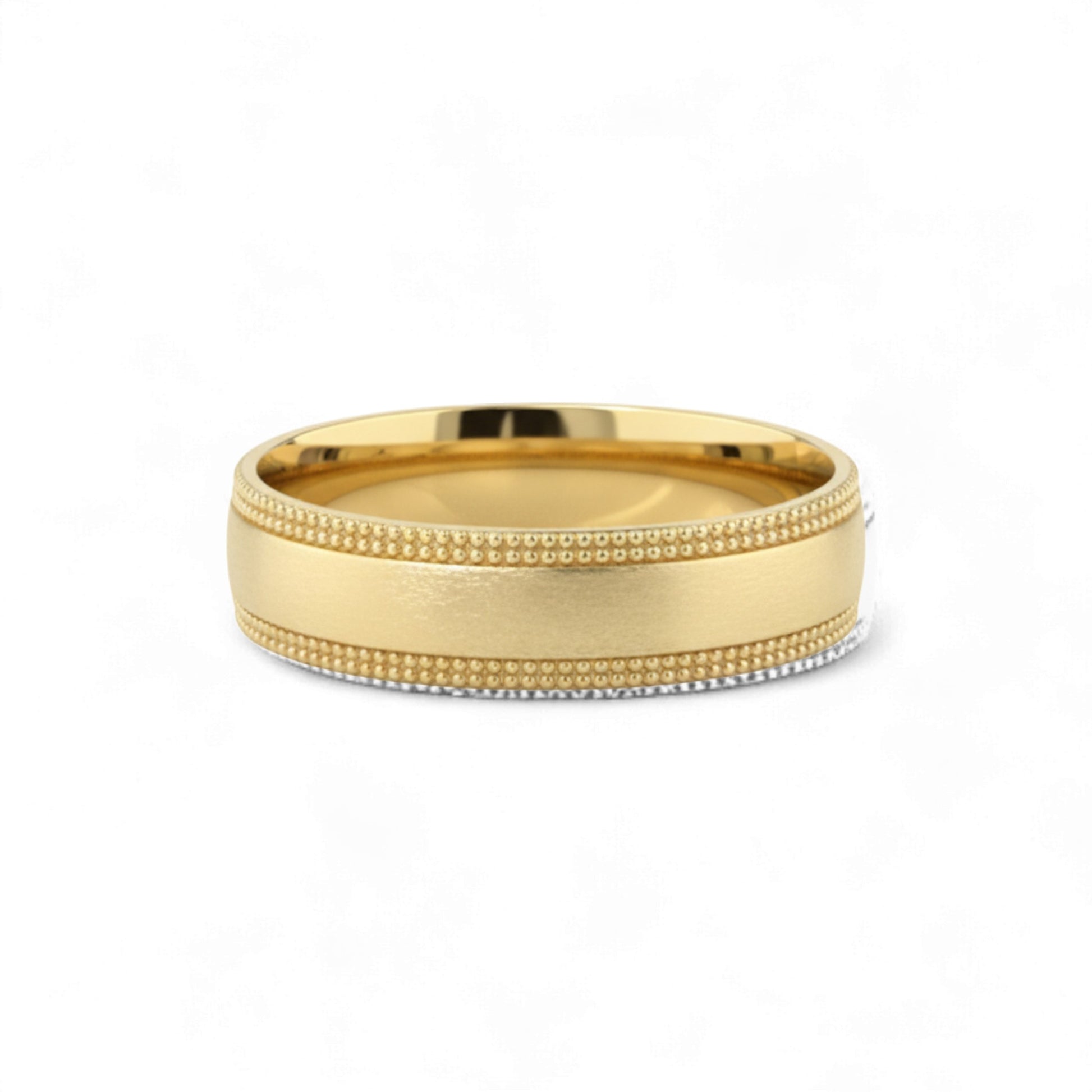 Gold ring with textured design on a white background
