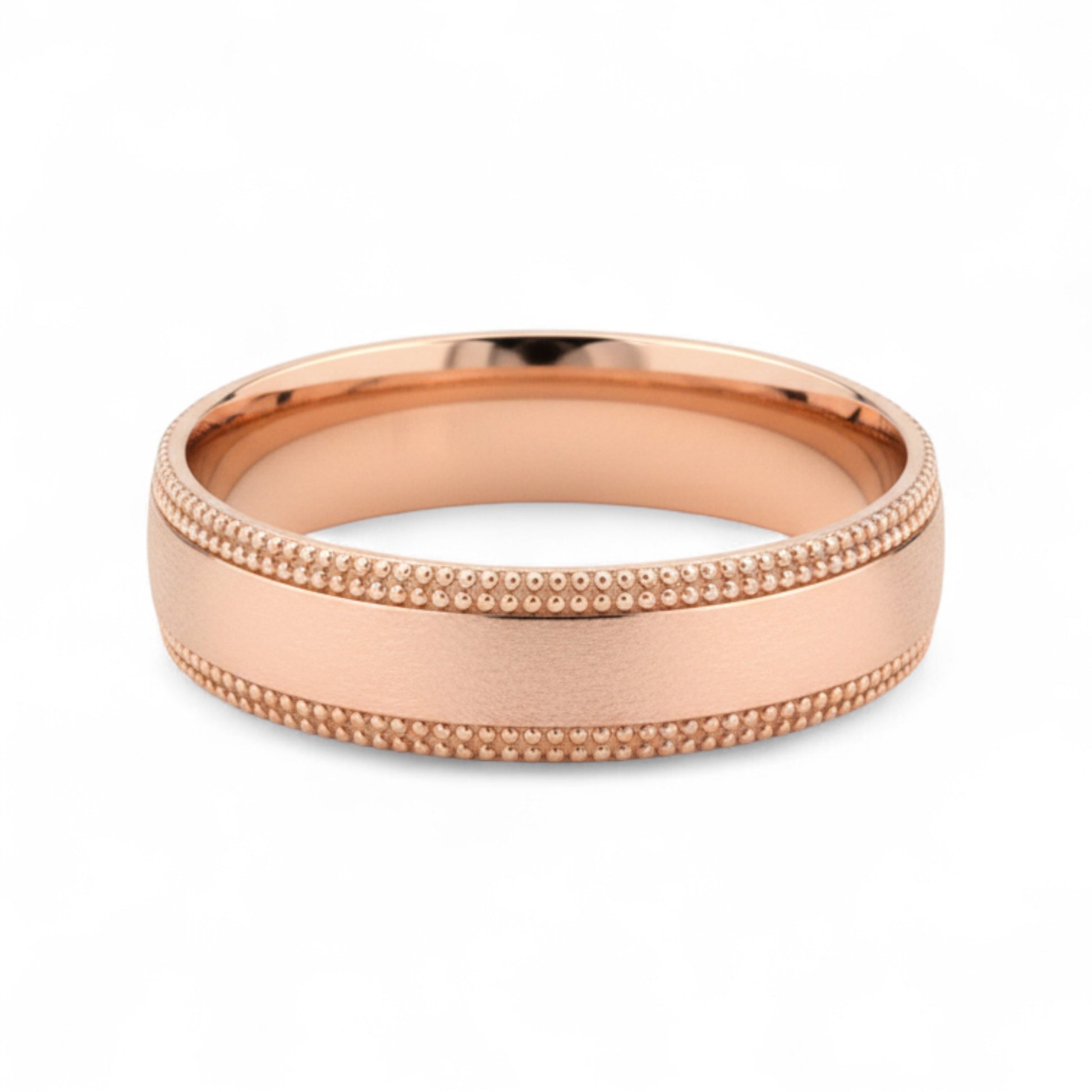 Rose gold ring with textured band on a white background