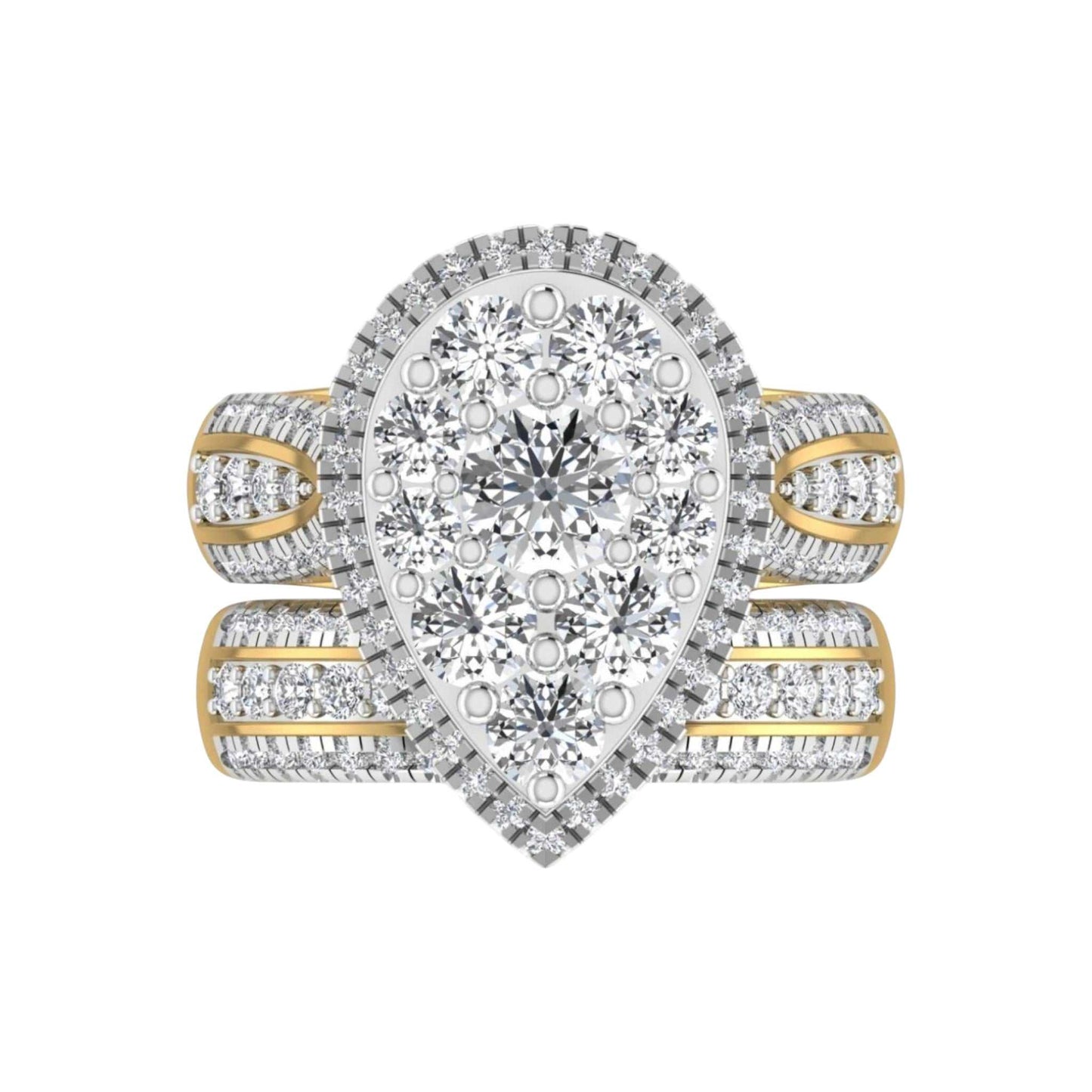 Diamond ring set with gold and silver accents on a white background