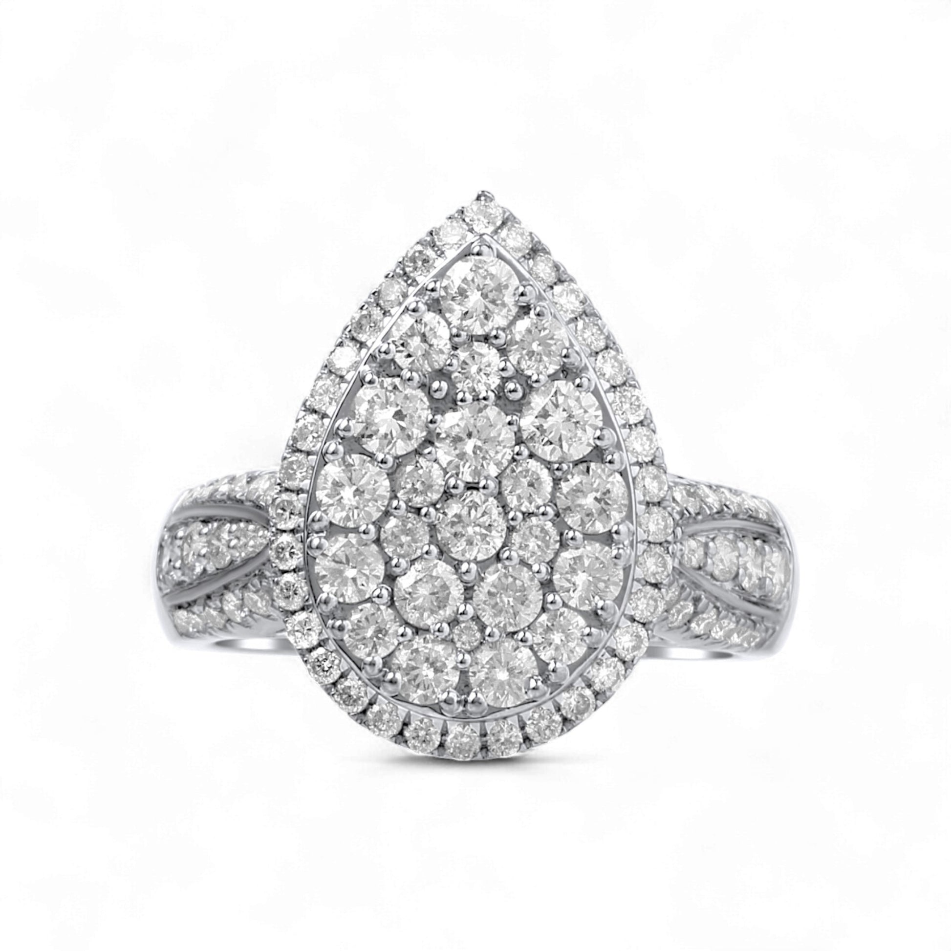 Teardrop-shaped diamond ring on a white background