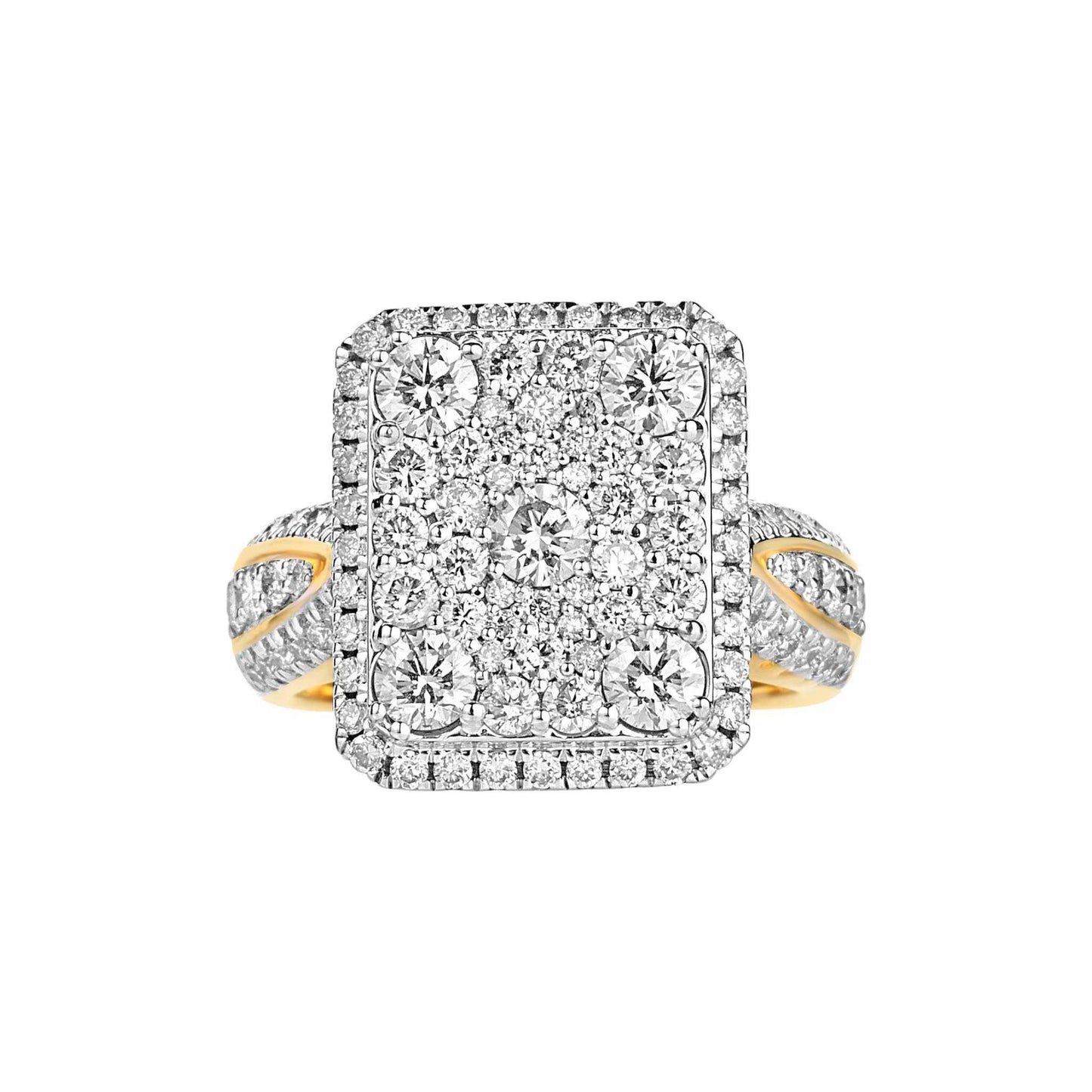 Amanda Radiant Cut Diamond engagement ring in 18KT gold with radiant cluster of natural diamonds and pavé-set split shank