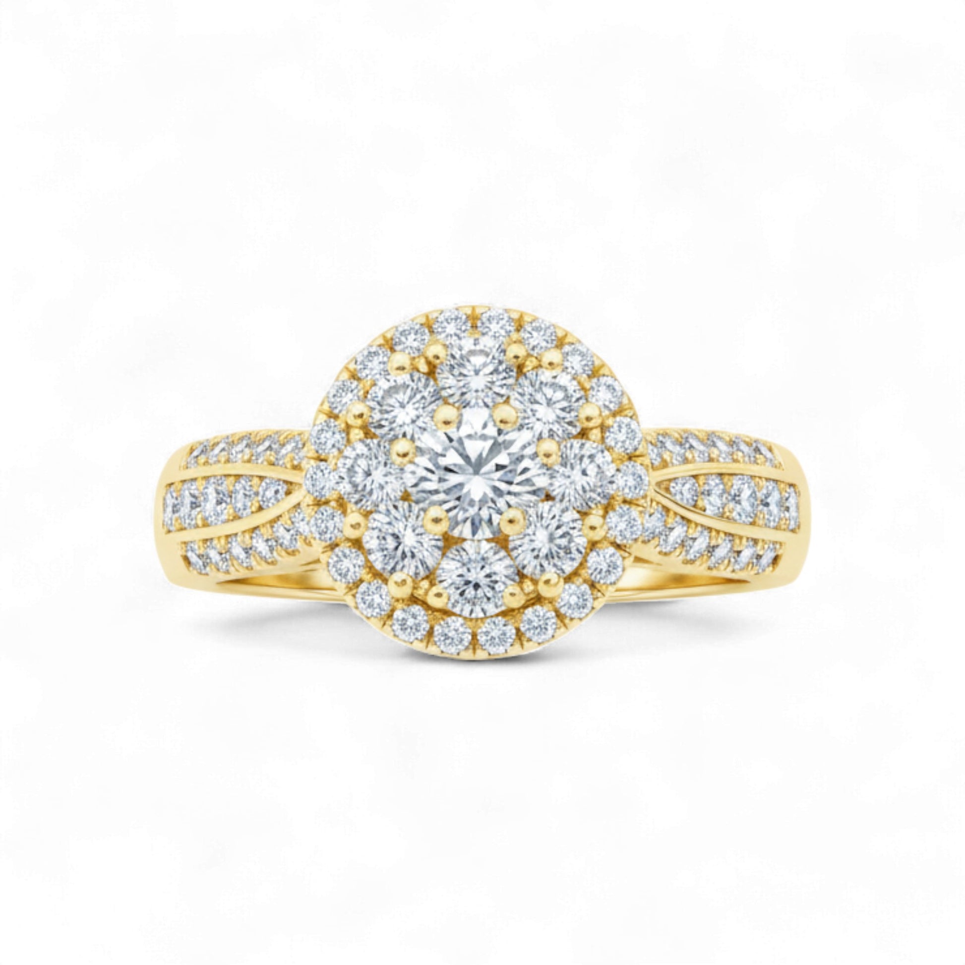 Gold and diamond ring on a white background