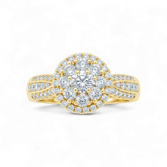 Gold and diamond ring on a white background