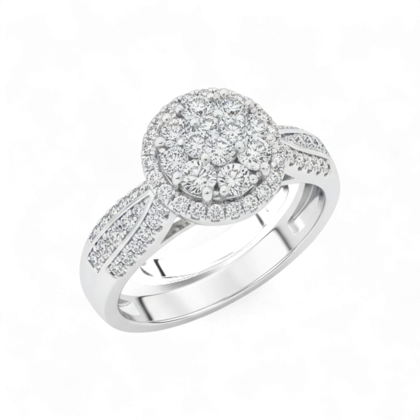 Silver ring with diamond accents on a white background