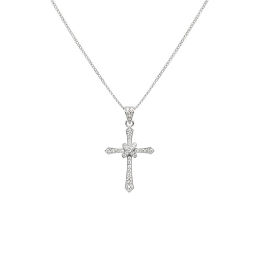 Silver cross pendant necklace on a white background