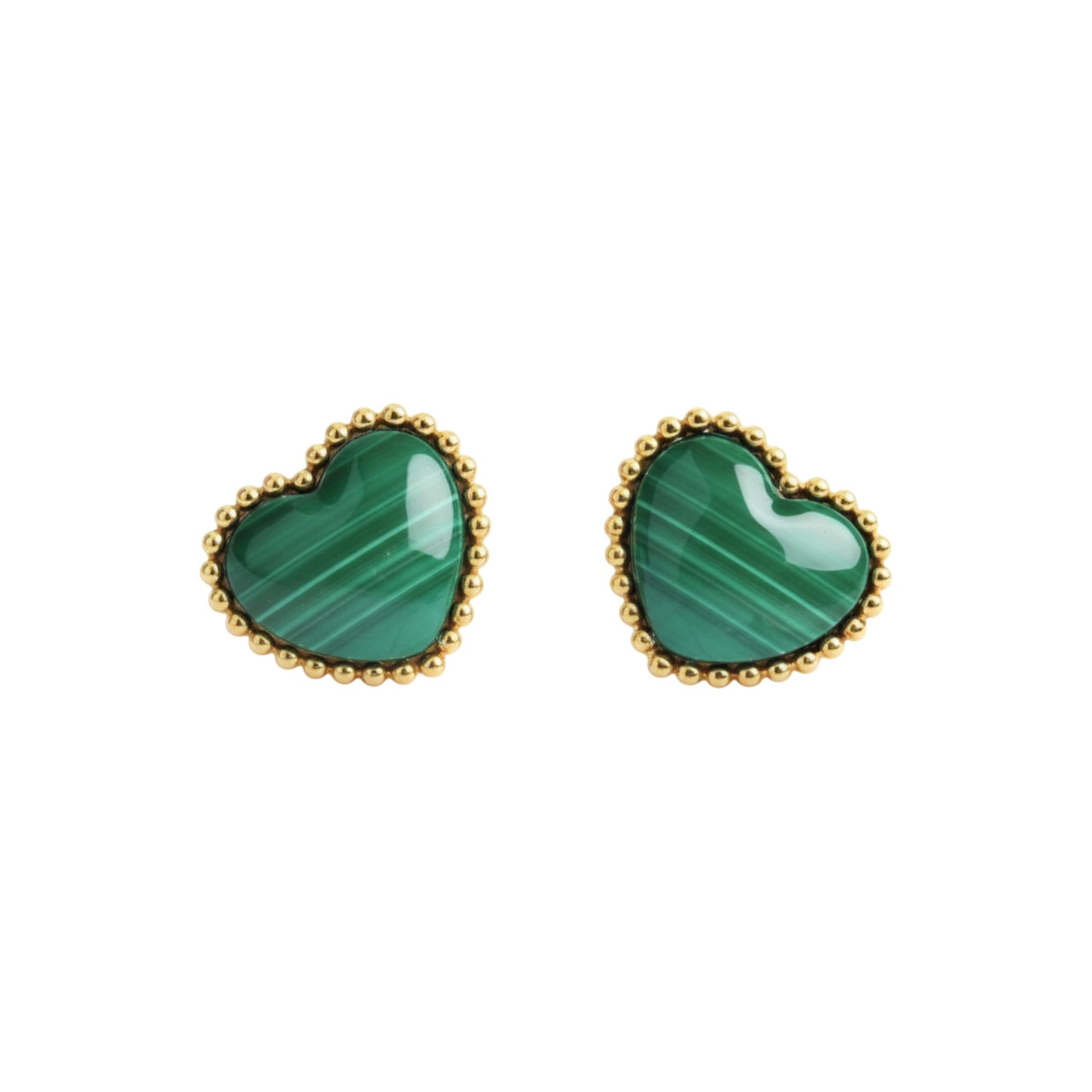 Heart-shaped green earrings with gold accents on a white background