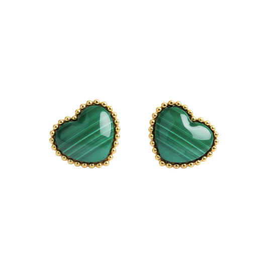 Heart-shaped green earrings with gold accents on a white background