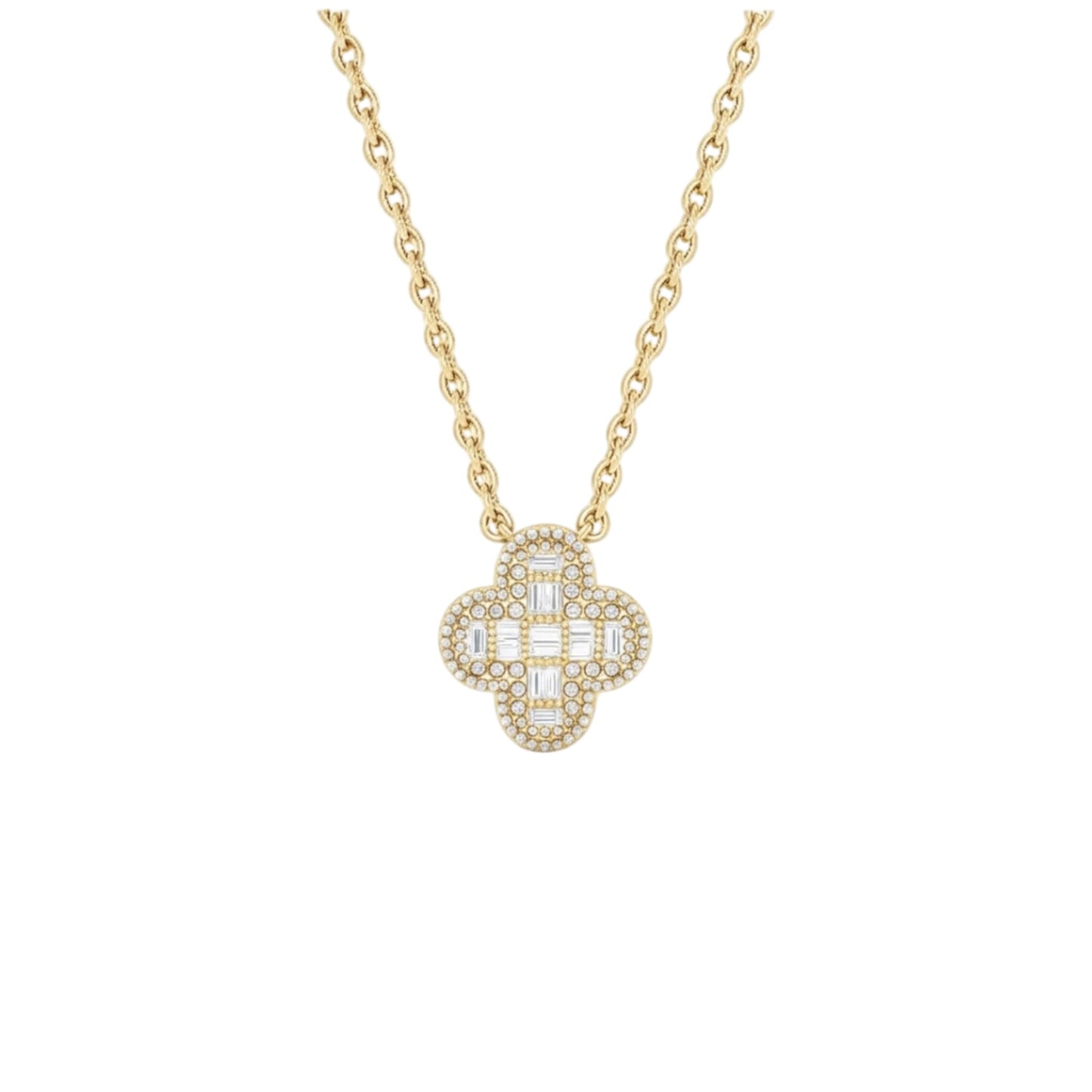 Gold necklace with a diamond pendant on a white background