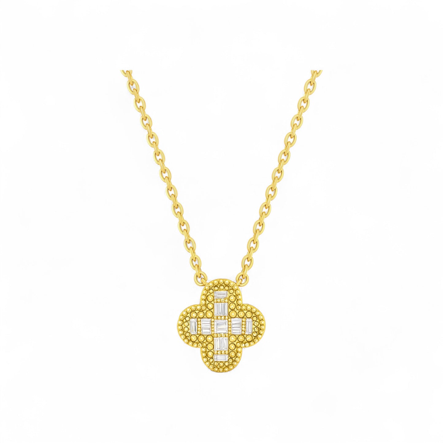 Gold necklace with a diamond-encrusted cross pendant on a white background