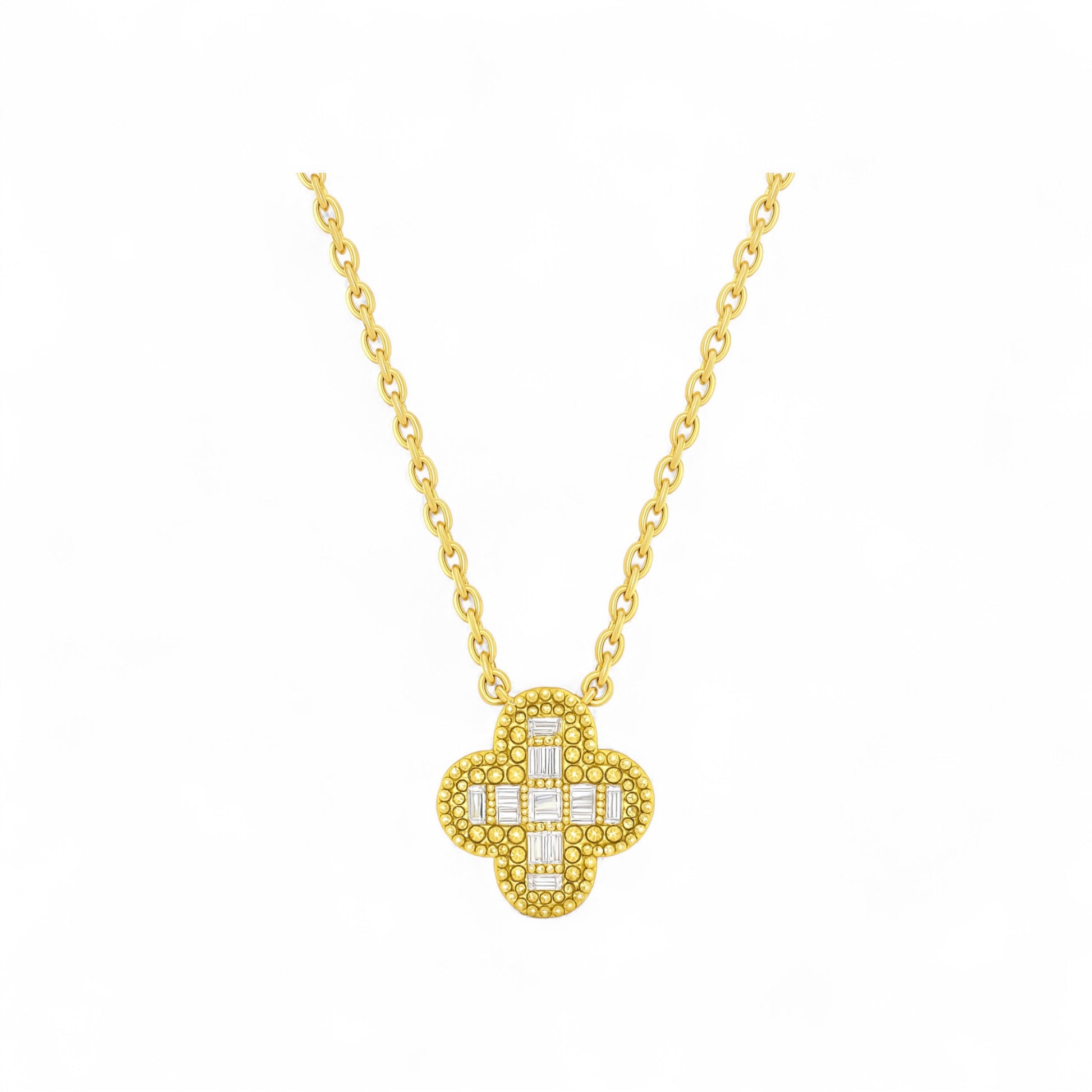 Gold necklace with a diamond-encrusted cross pendant on a white background