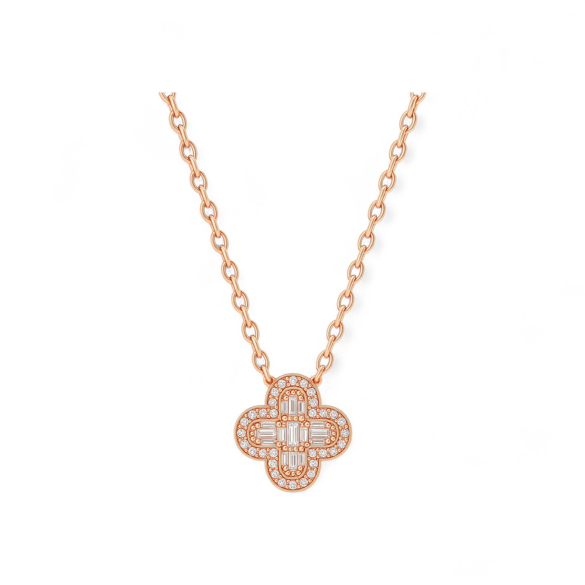 Rose gold necklace with a clover-shaped pendant on a white background