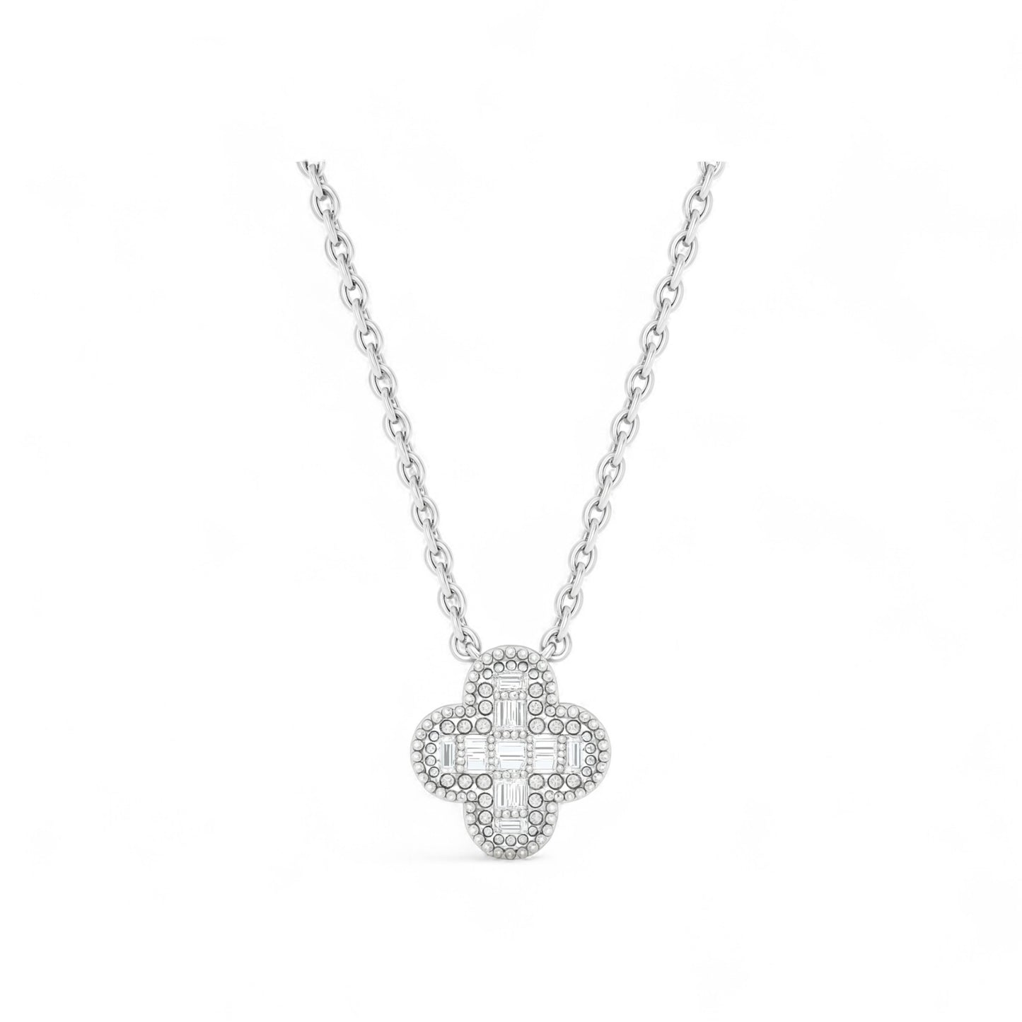 Silver necklace with a diamond pendant on a white background