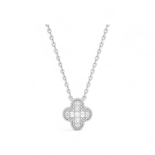 Silver necklace with a diamond pendant on a white background