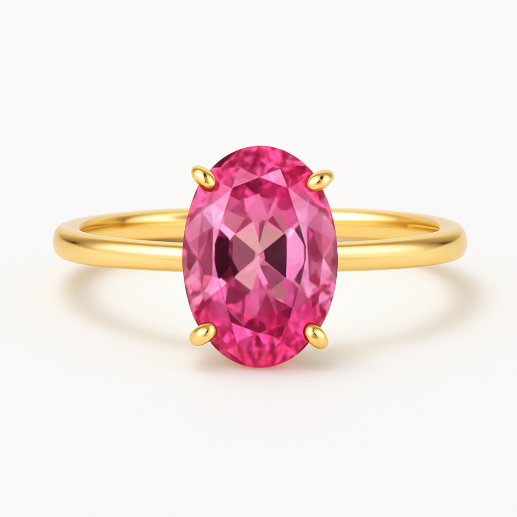 Gold ring with a pink gemstone on a white background