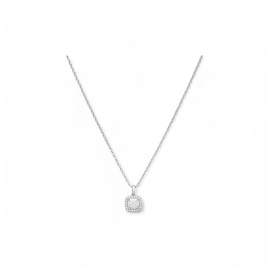 Silver necklace with a round pendant on a white background