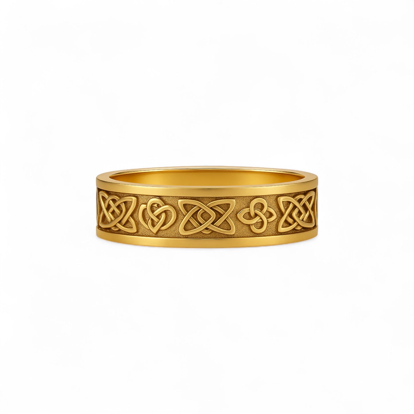 Gold ring with Celtic knot design on a white background