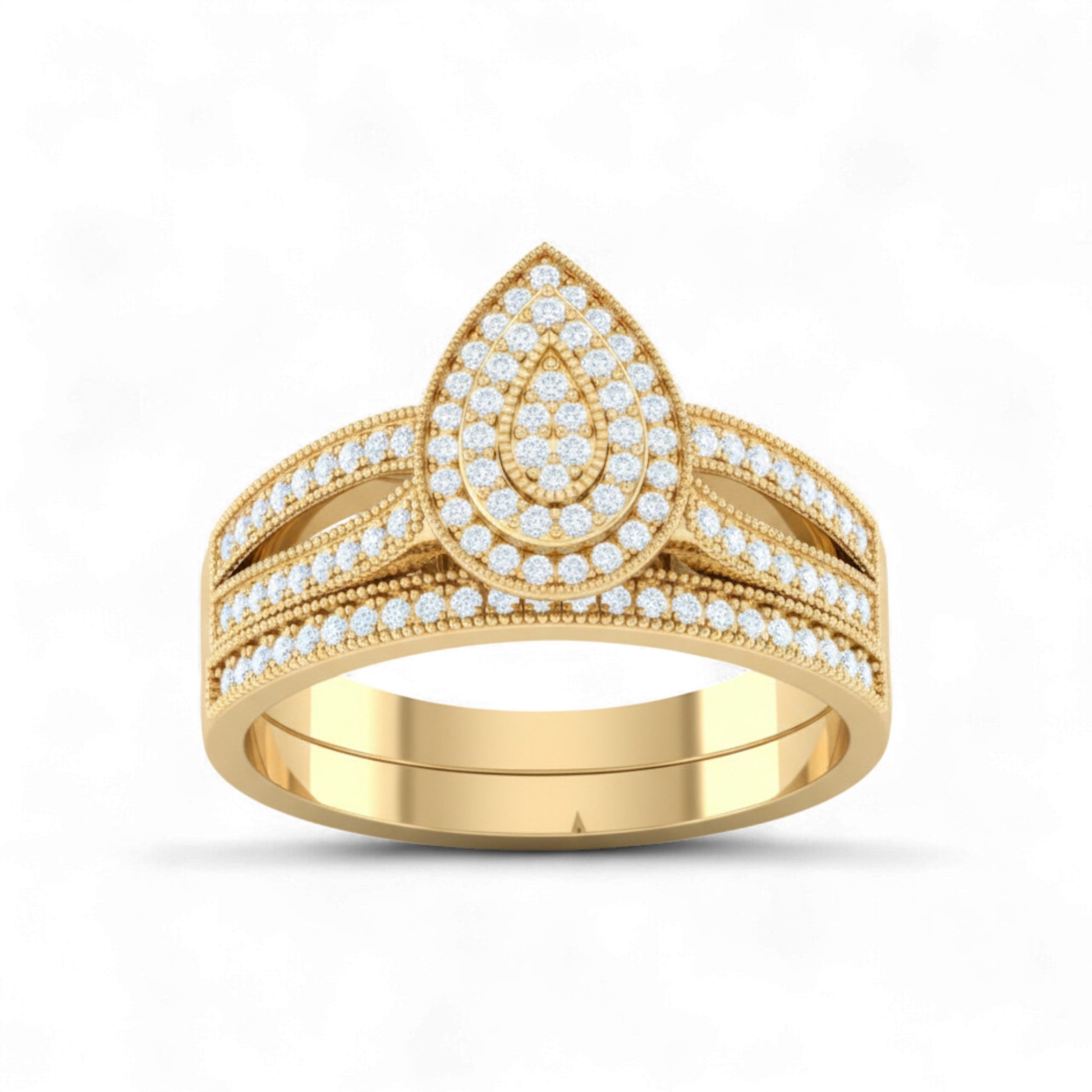 Gold ring with diamond accents on a white background