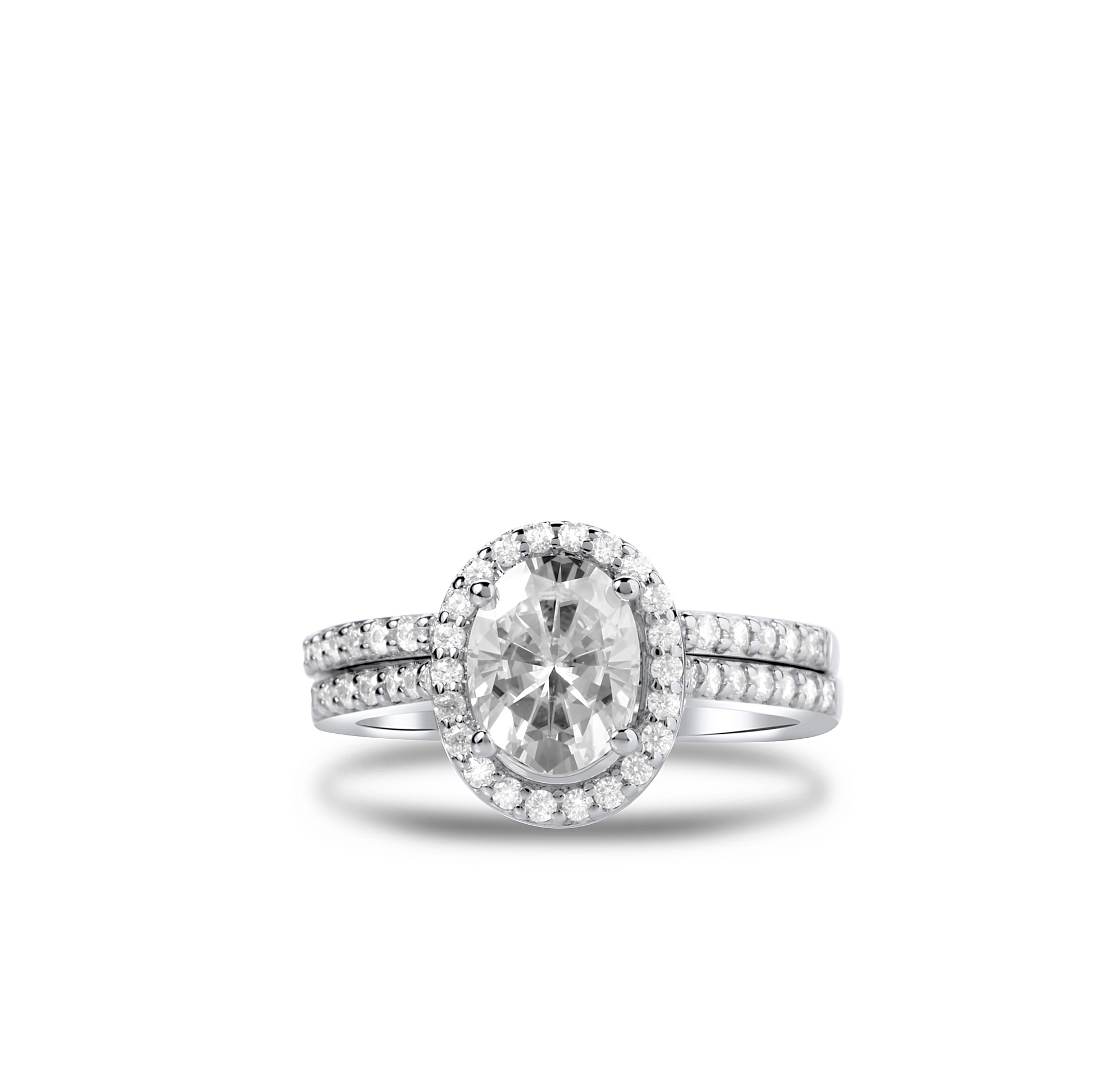 Diamond ring with a large central gemstone and smaller stones on a white background