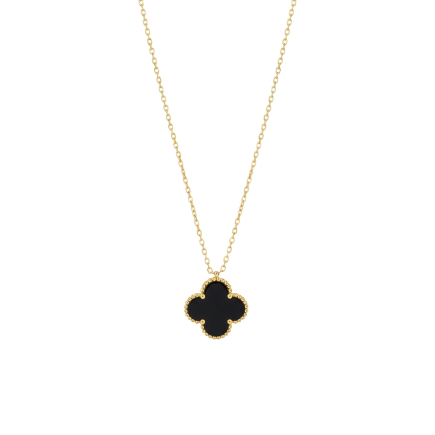 Gold necklace with a black clover pendant on a white background