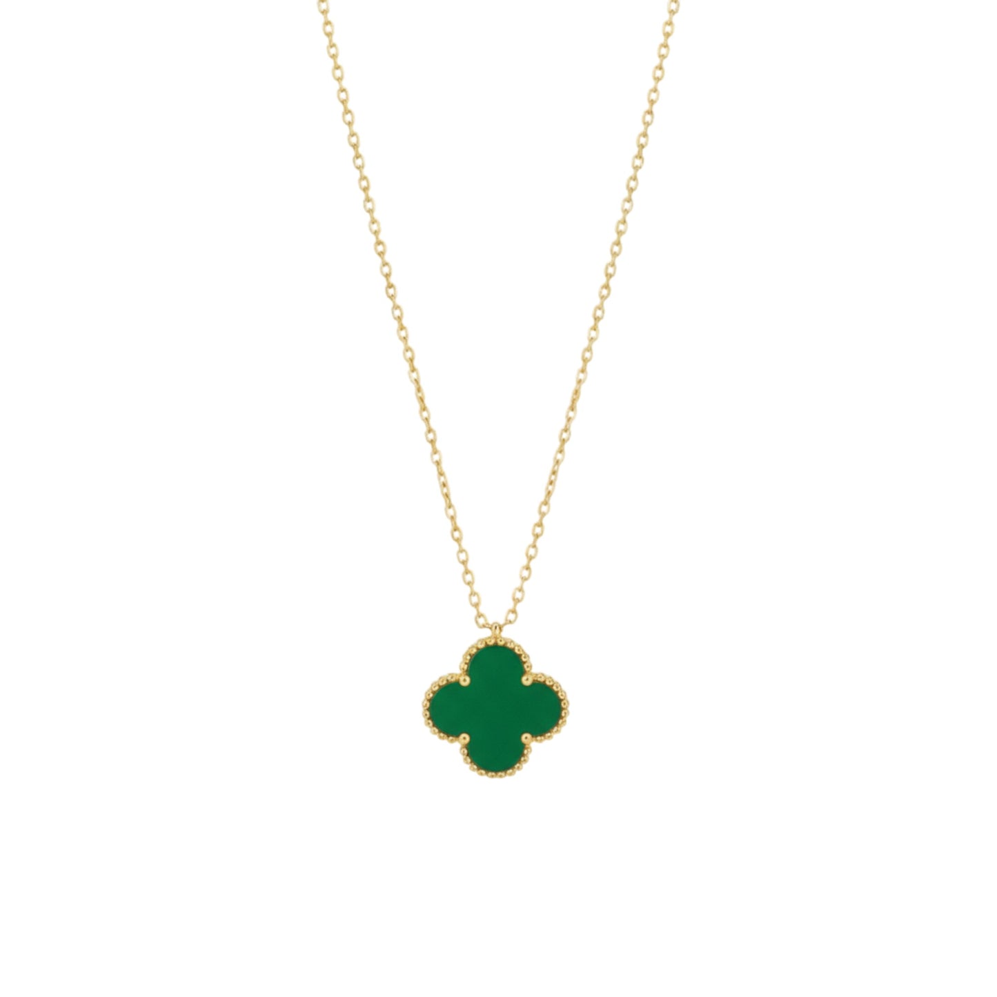 Gold necklace with a green clover pendant on a white background