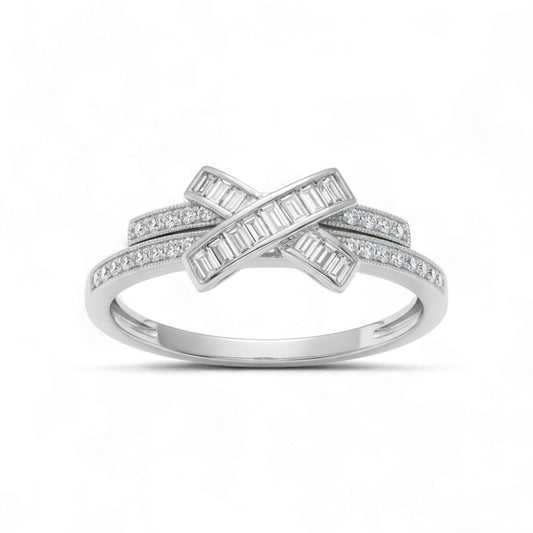 Silver ring with diamond accents on a white background