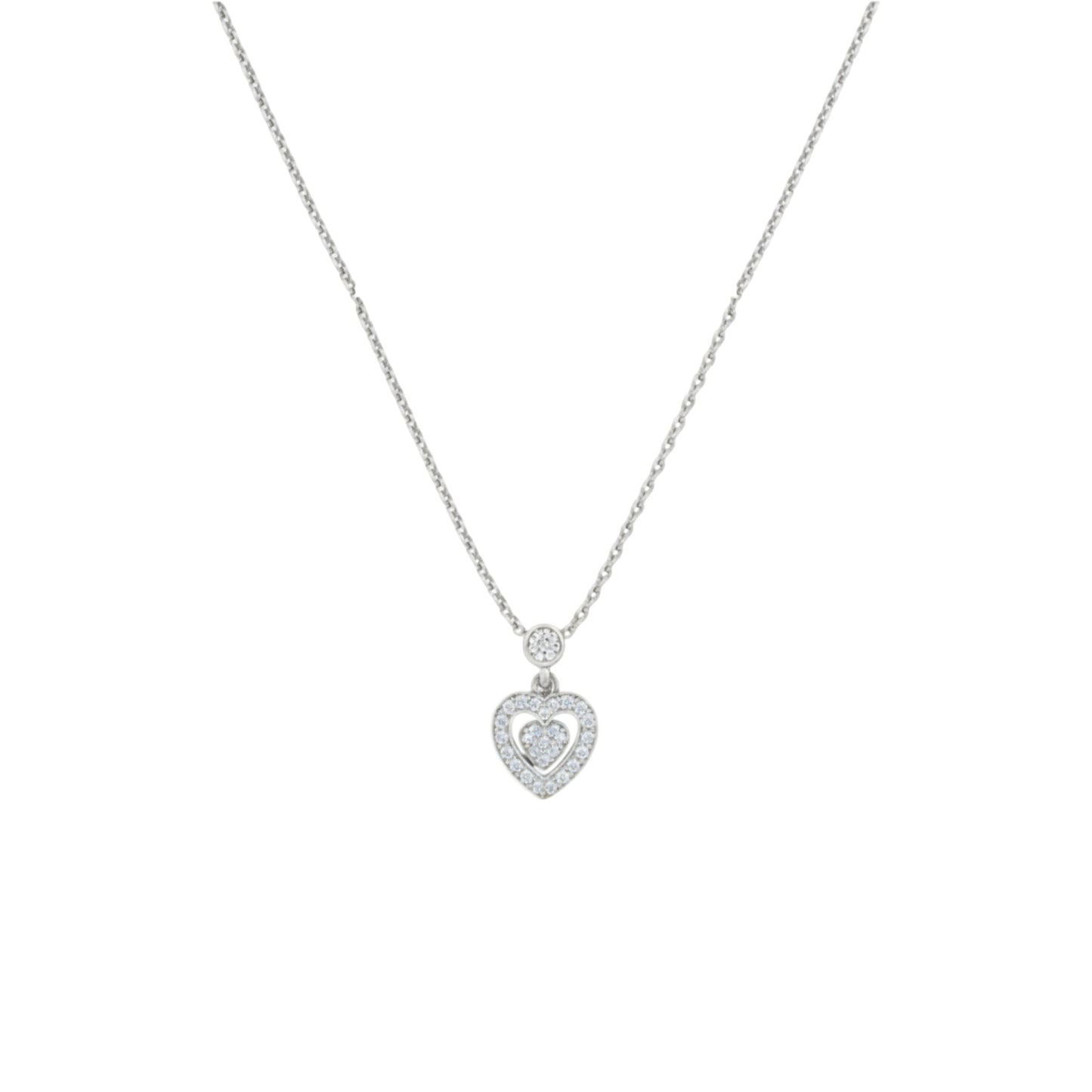 Silver necklace with a heart-shaped pendant on a white background
