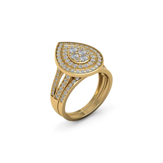 Gold ring with diamond accents on a white background