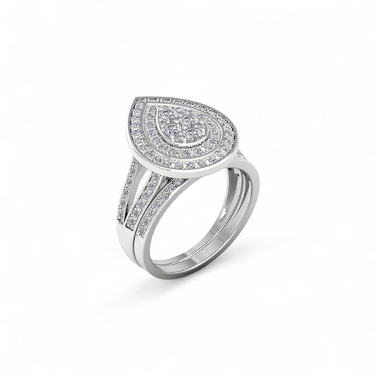 Silver ring with diamond accents on a white background