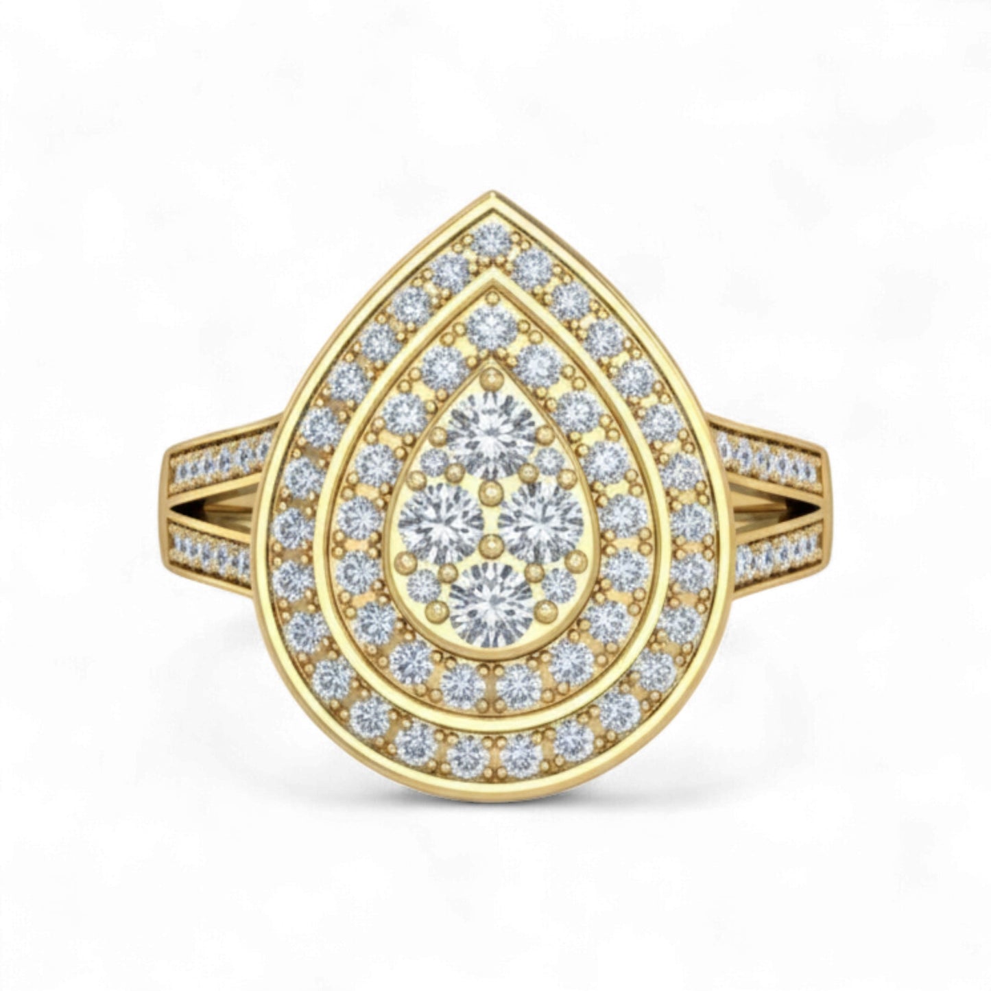 Gold ring with a teardrop-shaped diamond design on a white background
