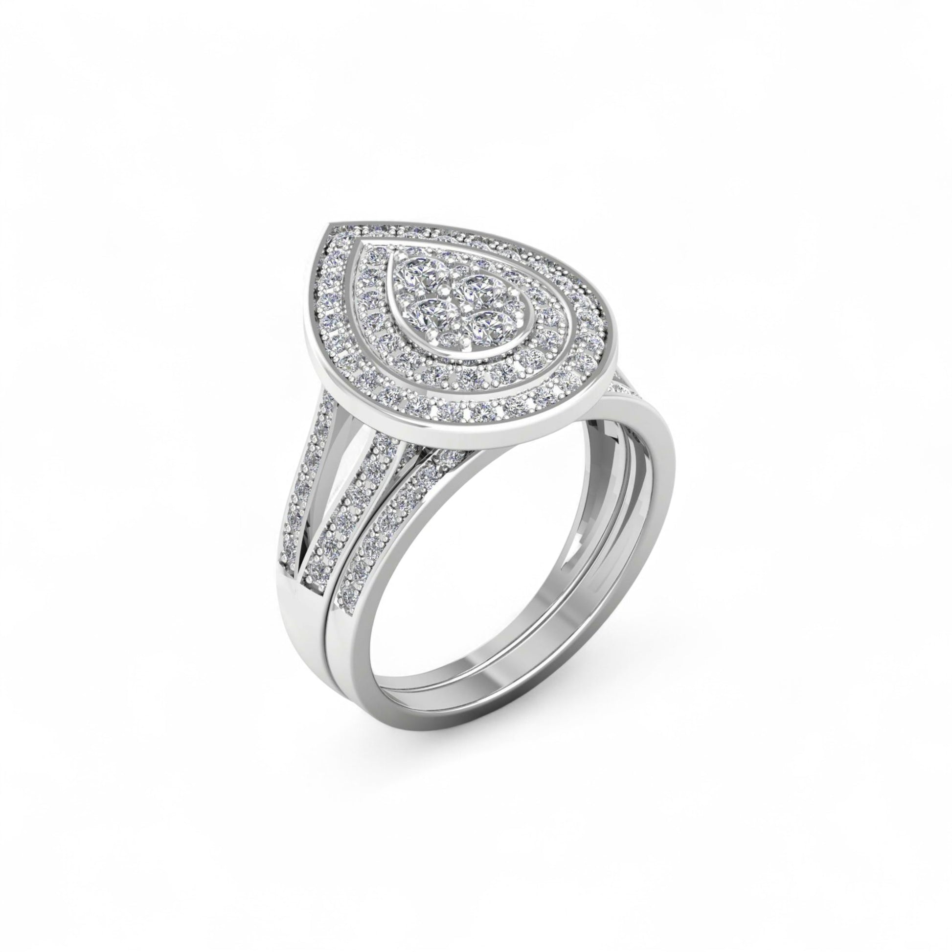 Silver ring with diamond accents on a white background