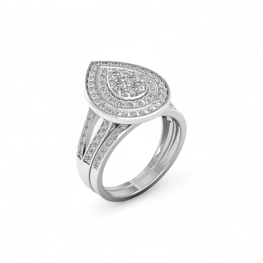 Silver ring with diamond accents on a white background