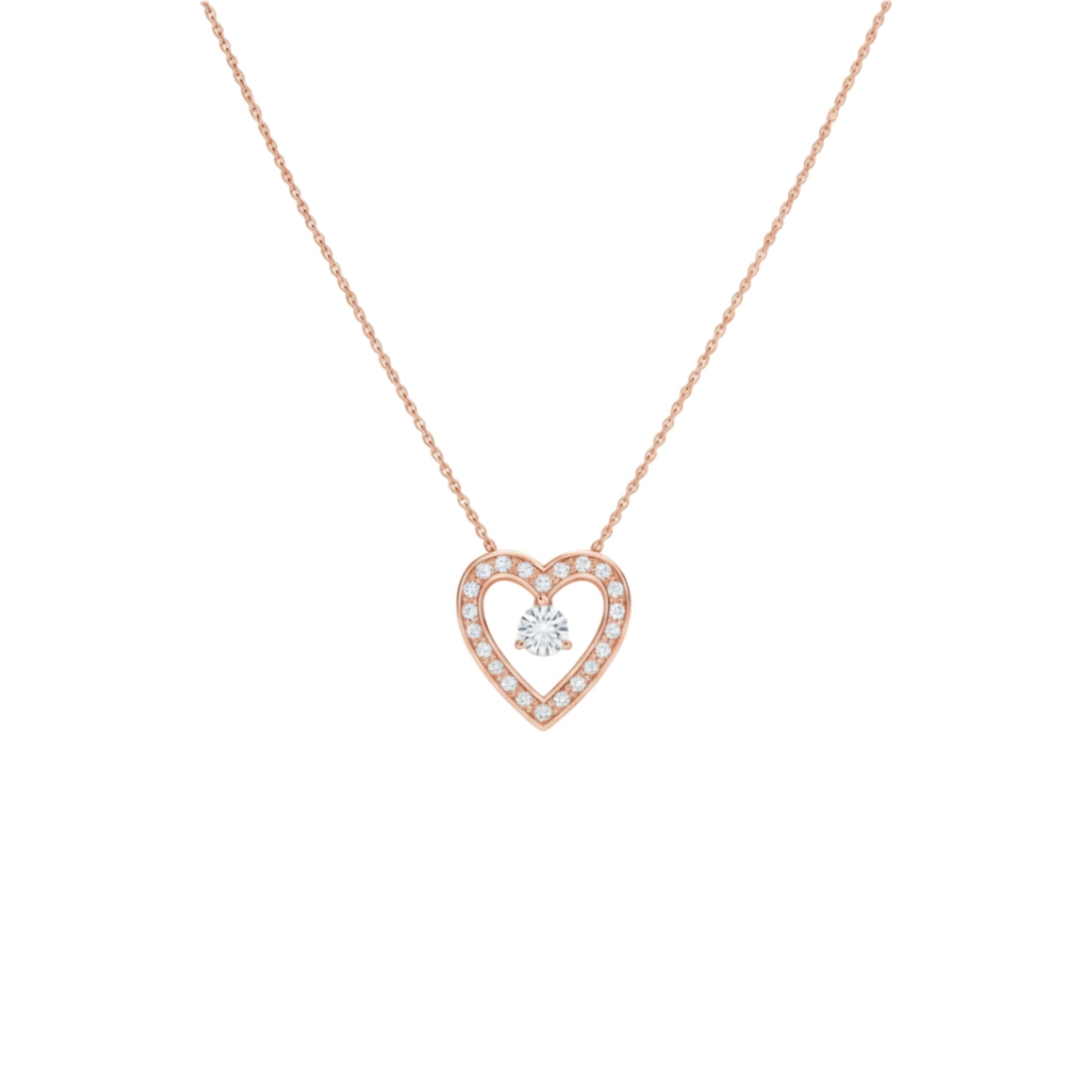 Rose gold heart-shaped necklace with a diamond on a white background