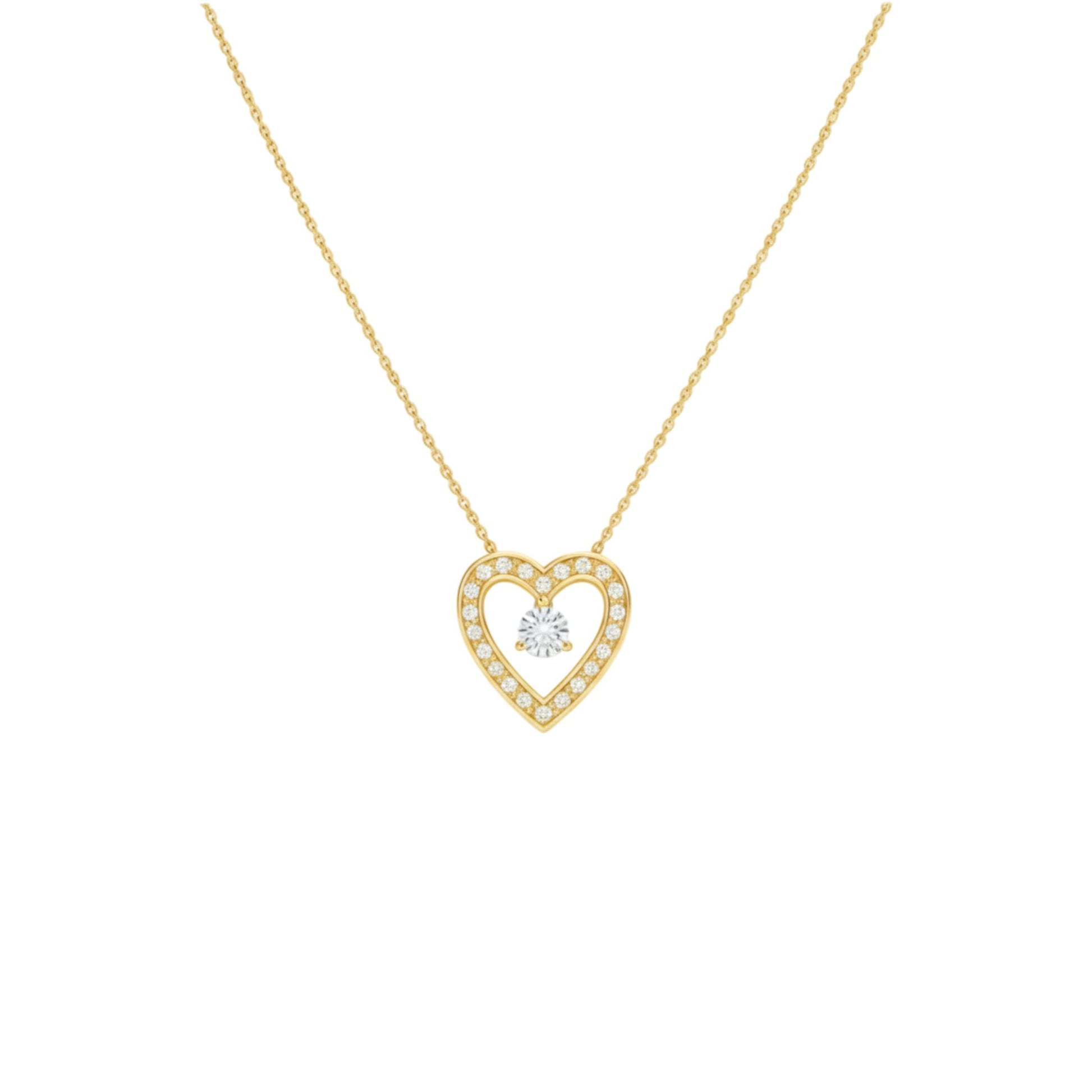 Gold heart-shaped necklace with a diamond on a white background