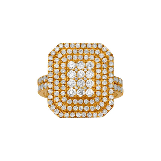 Gold ring with diamond accents on a white background