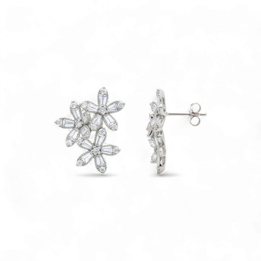 Pair of silver floral earrings on a white background